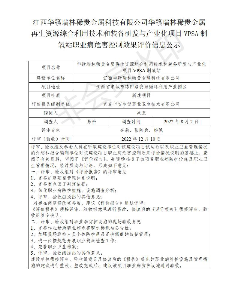 江西华赣瑞林稀贵金属科技有限公司华赣瑞林稀贵金属再生资源综合利用技术和装备研发与产业化项目VPSA制氧站职业病危害预评价信息公示_01.jpg