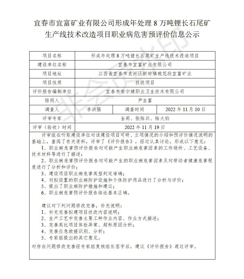 宜春市宜富矿业有限公司形成年处理8万吨锂长石尾矿生产线技术改造项目  职业病危害预评价信息公示_01.jpg