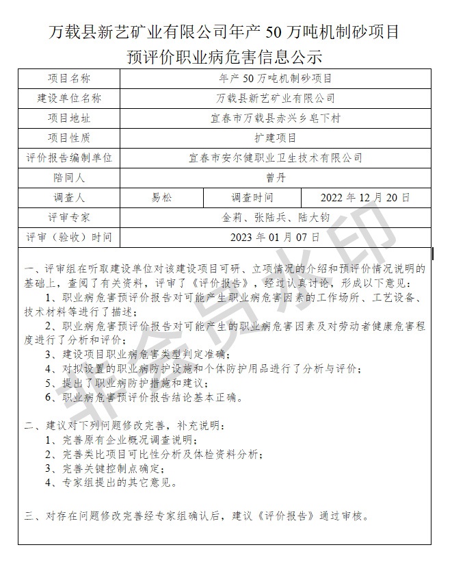 万载县新艺矿业有限公司年产50万吨机制砂项目预评价职业病危害信息公示.jpg