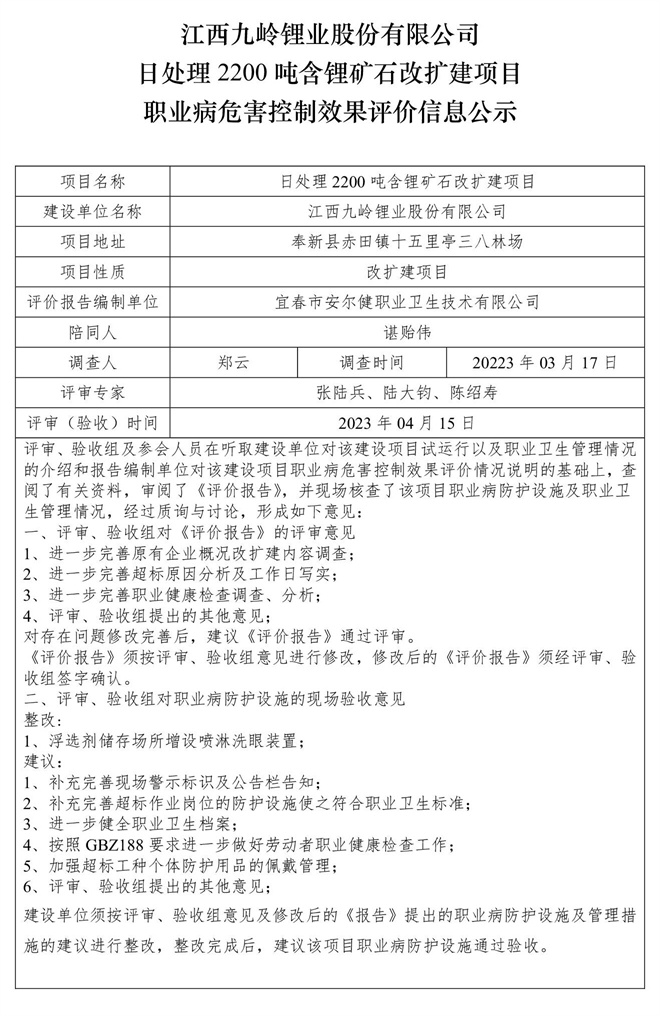 （公示）江西九岭锂业股份有限公司日处理2200吨含锂矿石改扩建项目职业病危害控制效果评价信息-1.jpg