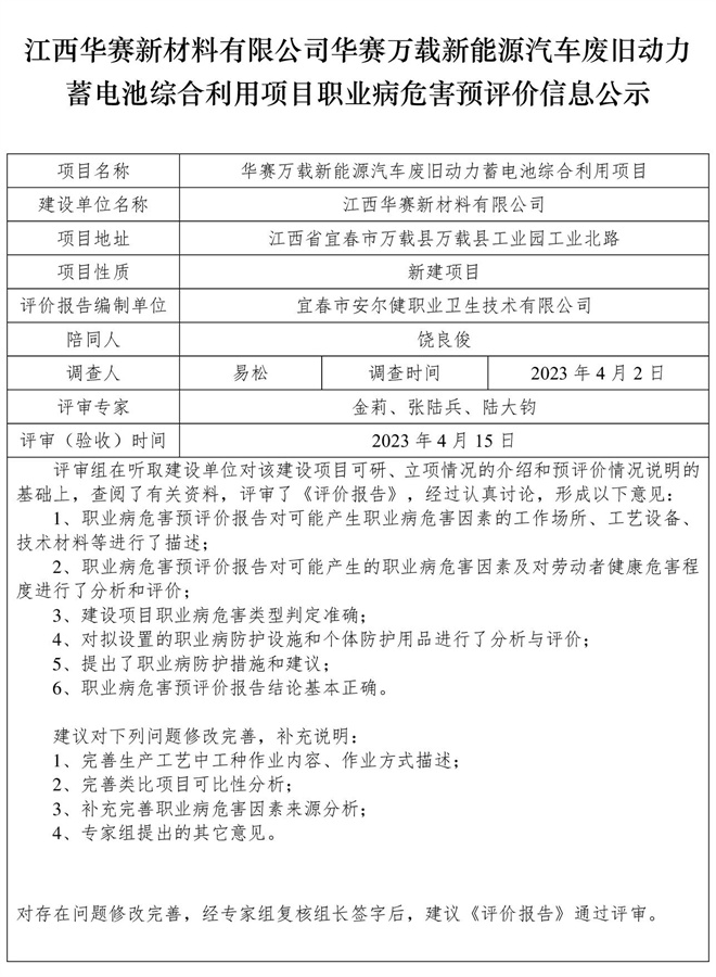 江西华赛新材料有限公司华赛万载新能源汽车废旧动力蓄电池综合利用项目职业病危害预评价信息公示.jpg