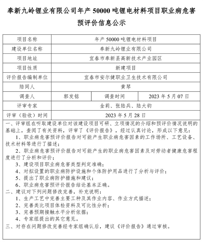 奉新九岭锂业有限公司年产50000吨锂电材料项目职业病危害预评价信息公示.jpg
